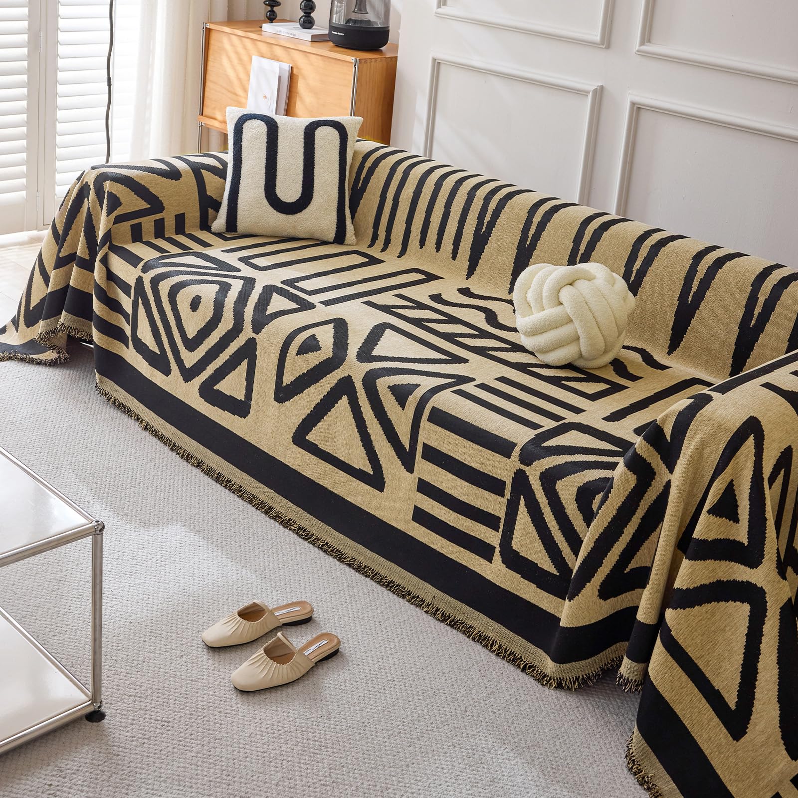 HANDONTIME Boho Geometric Couch Covers for Sofa Pet Friendly Taupe and Black Sofa Covers Washable Chenille Couch Blanket Cover for 3 4 Cushion Couches Pet Protector Furniture Cover Soft, 71" X 134"