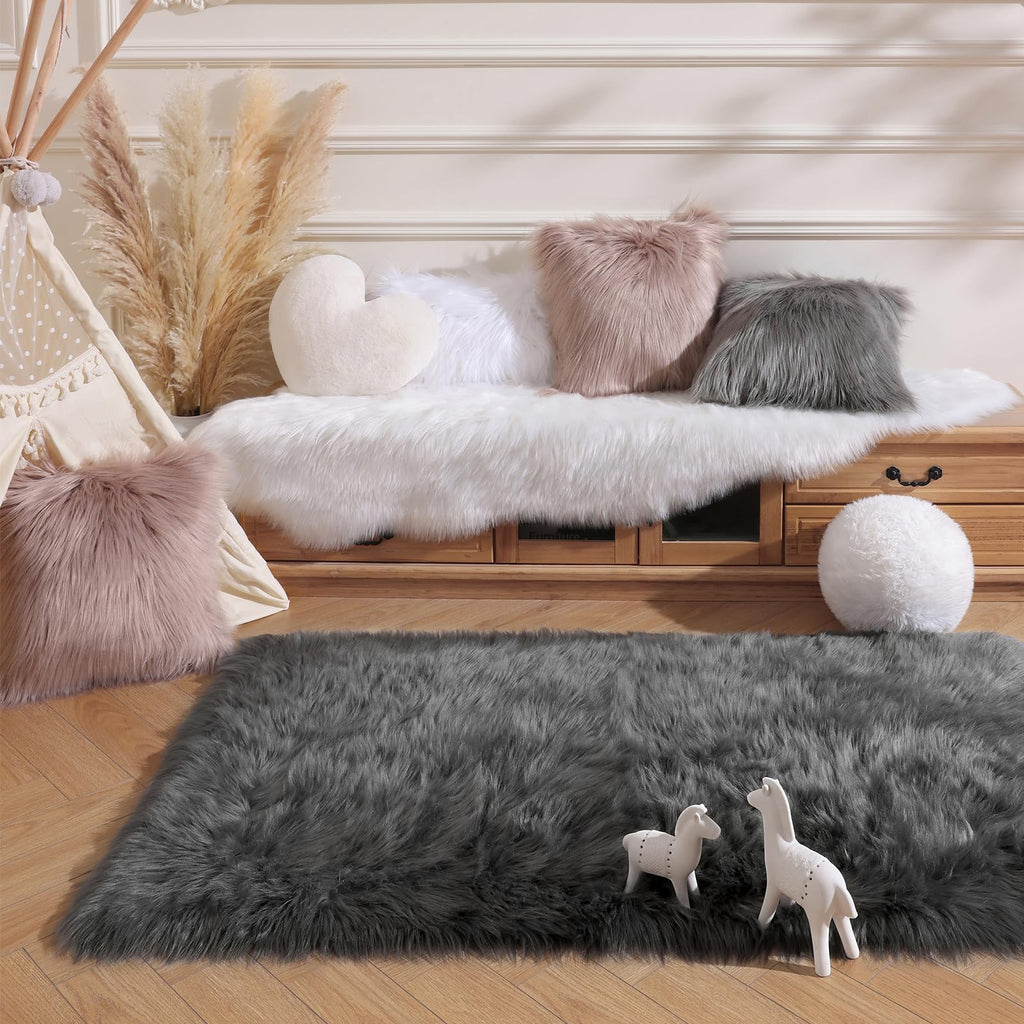 Ashler Faux Fur Area Rug - Ultra Soft Fluffy Shaggy Sheepskin 3 x 5 Feet, Dark Grey, Machine Washable - Nursery Decor Throw for Bedroom, Living Room, Kids Room
