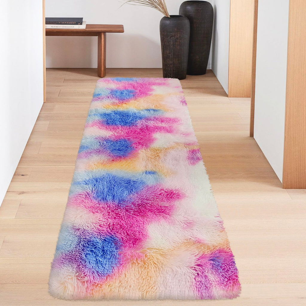 JiaoBaba Fluffy Colorful Rug for Bedroom 2x6 ft Kawaii Tie-Dyed Area Rug Non Slip Cute Unicorn Kids Runner Rug for Girls Princess Teens Living Room Playroom Baby Nursery Decor Carpets
