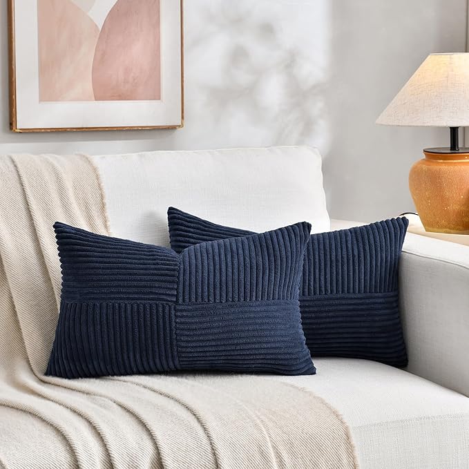 Fancy Homi 2 Packs Navy Blue Lumbar Decorative Throw Pillow Covers 16x28 Inch for Living Room Couch, Rustic Farmhouse Boho Home Decor, Soft Striped Corduroy Rectangle Accent Cushion Case 40x70 cm