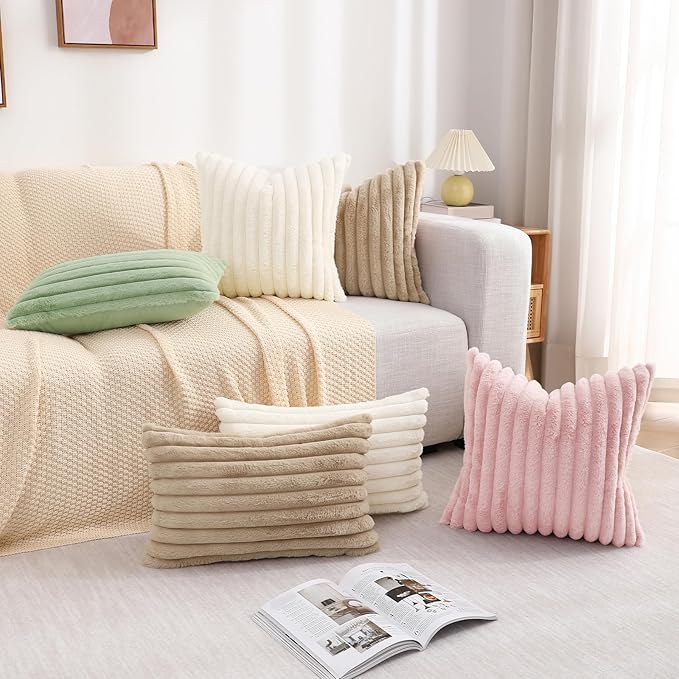 decorUhome Fall Faux Fur Throw Pillow Covers 12x20 Set of 2 Sage Green