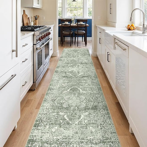 2'6"x12 Washable Runner Rug: Vintage Non-Slip Rug for Kitchen Sage Green