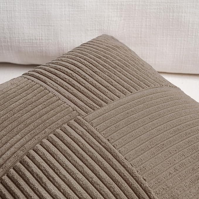 Fancy Homi Set of 2, Light Brown Patchwork Corduroy Decorative Soft Striped Modern Accent Cushion Case Farmhouse Boho Neutral Throw Pillow Covers for Chair Couch Bed Sofa Living Room 24x14 Inch