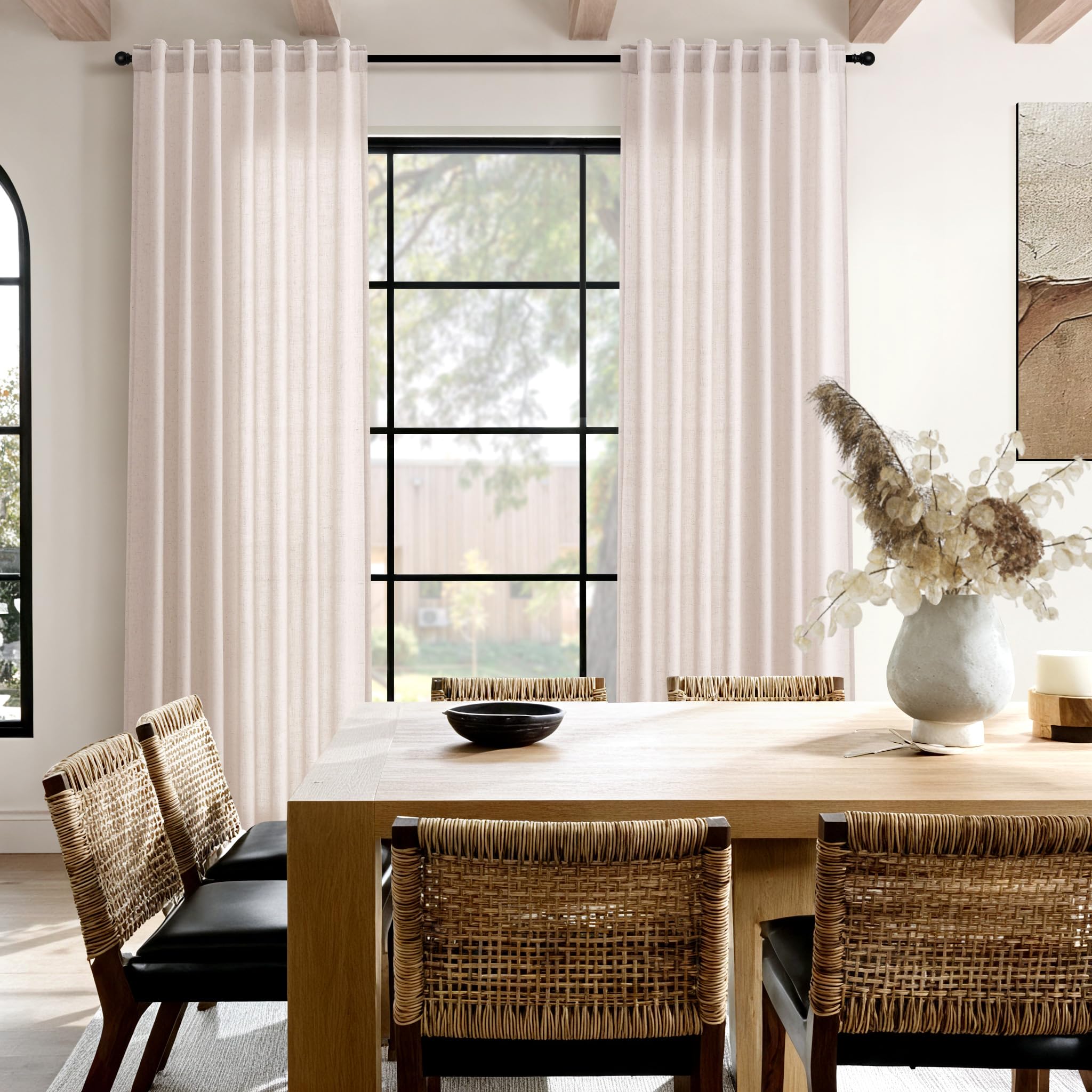 Nanspring Natural White Linen Curtains 84 Inch Length for Living Room Burlap Light Filtering Semi Sheer Curtain Back Tab Neutral Farmhouse Privacy Drapes for Bedroom Office 52x84, 2 Panels