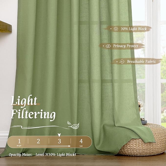 LAMIT Sage Green Linen Curtains 63 inch Length for Bedroom, Faux Linen Light Filtering Window Treatments Neutral Rod Pocket Drapes for Living Room/Farmhouse, 2 Panels Set, 52 x 63 Inch