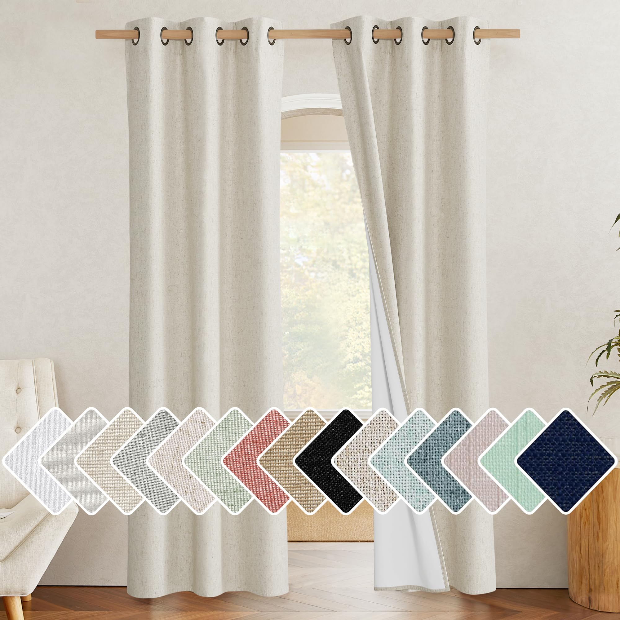 NICETOWN Natural Full Blackout Boho-Chic Linen Curtains 90 inch Long 2 Panels Set for Cafe Window, 34 inch Wide, Thick Linen Blend Drapes, Insulated Window Covers Draperies with White Backing