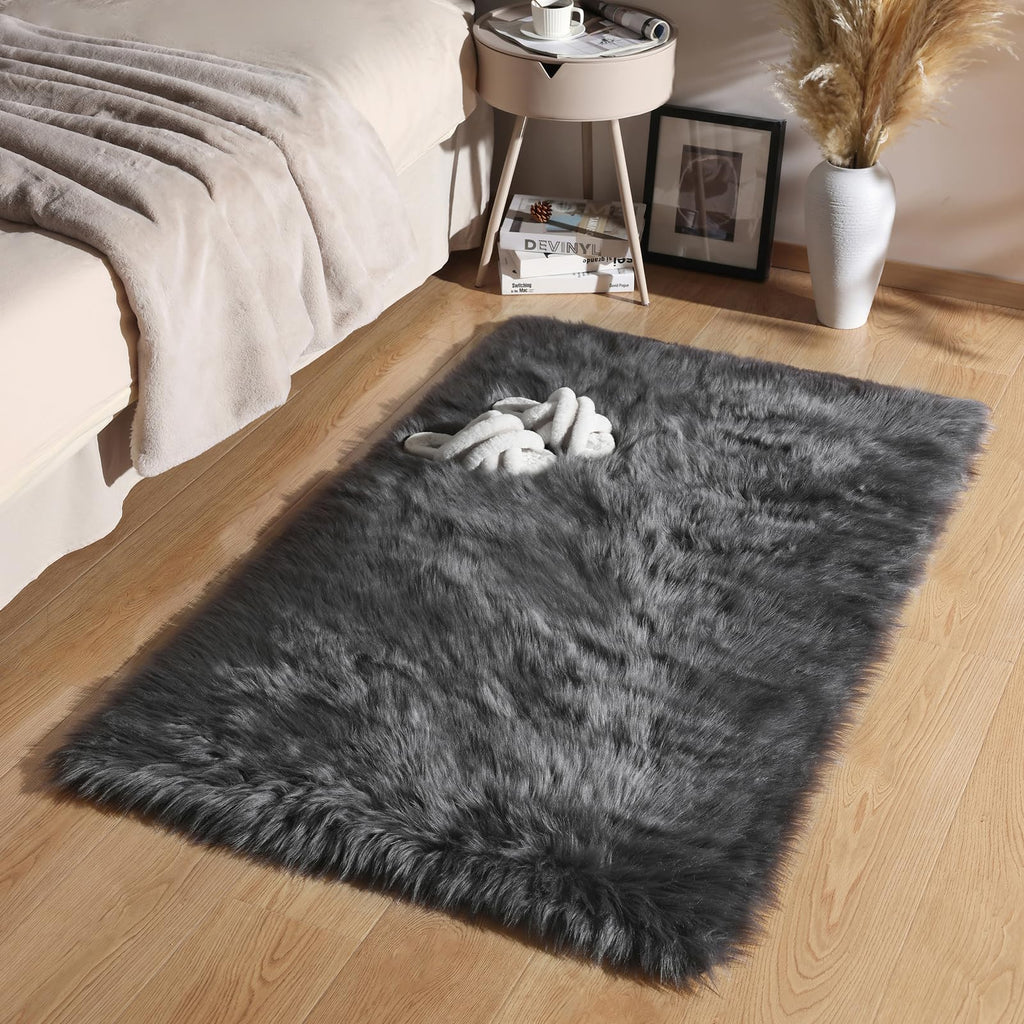 Ashler Faux Fur Area Rug - Ultra Soft Fluffy Shaggy Sheepskin 3 x 5 Feet, Dark Grey, Machine Washable - Nursery Decor Throw for Bedroom, Living Room, Kids Room