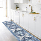 Yamaziot Washable Runner Rug, 2x10 Non-Slip Boho Vintage Hallway Rug Runner with Rubber Backing, Stain Resistant & Low Pile Faux Wool Distressed Carpet Runner for Kitchen, Laundry, Entrance, Blue