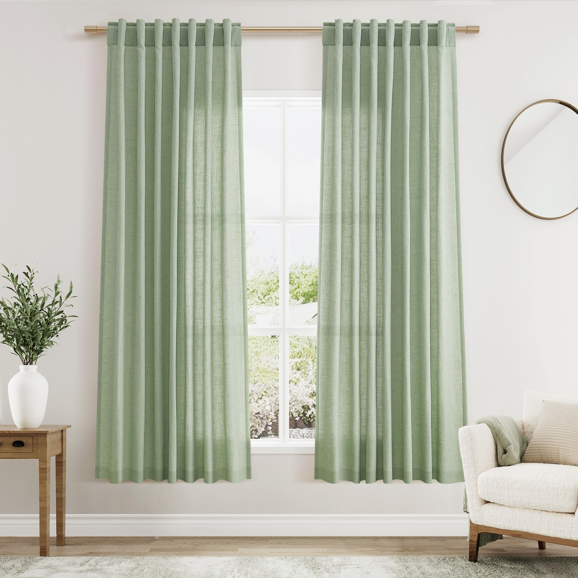 Mist Sage Linen Curtains 63 Inches Long 2 Panel Sets for Living Room Bedroom Rod Pocket Back Tab Light Filtering Drape for Kitchen Window Short Protect Privacy Curtain Modern Farmhouse Decor 52x63