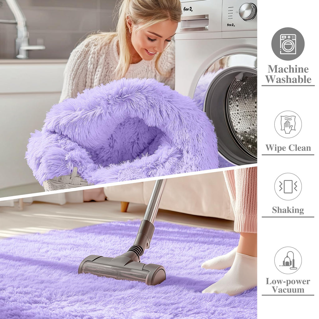 OLANLY 3x5 Machine Washable Small Bedside Rug, Soft Fluffy Shaggy Rugs for Living Room, Bedroom, Indoor Floor Carpet for Kids Girls and Boys, Preppy Dorms, Nursery, Home Decor Aesthetic, Light Purple