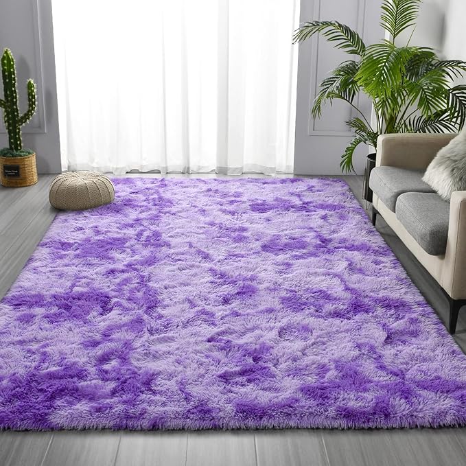 Deerhoo Large Shag Area Rugs 6 x 9, Tie-Dyed Plush Fuzzy Rugs for Living Room, Ultra Soft Fluffy Furry Rug for Bedroom, Indoor Carpet Nursery Rugs for Kids Room Home Decor, Purple