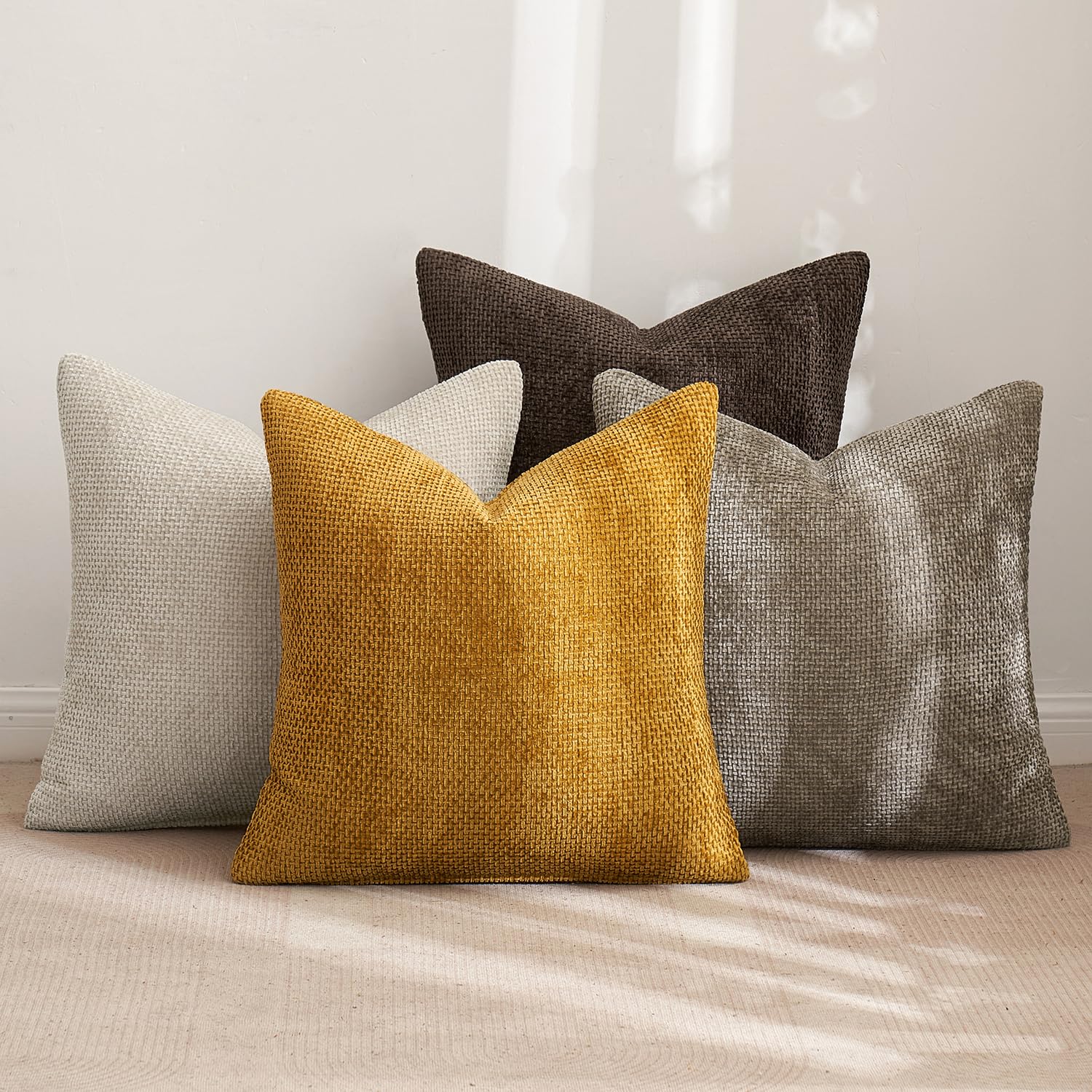 MIULEE Decorative Chenille Fall Pillow Covers Gold Brown 16x16 Pack of 4