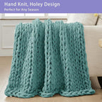 Bigacogo Chunky Knit Throw Blanket for Couch, 40x60 inches, 100% Hand Knitted with Thick Jumbo Chenille Yarn, Cozy Soft Large Rope Knot Cable Crochet Blankets for Sofa Bed Living Room, Light Teal