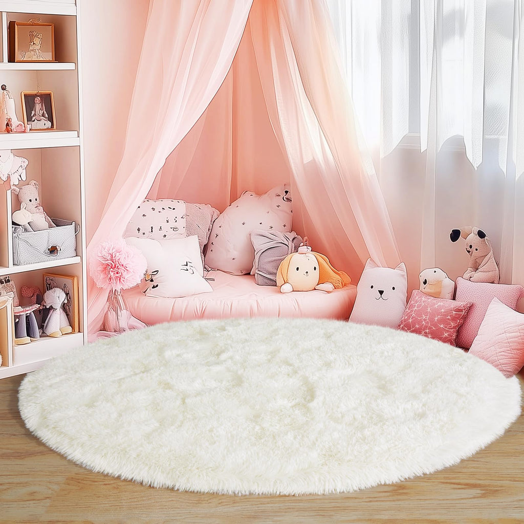 Quntue 5'x5' Cream Round Rugs for Girls Bedroom, Ultra Soft Fluffy Circle Rug for Kids Room, Cute Shag Rugs for Living Room Playroom Tent Castle Home Decor Rug