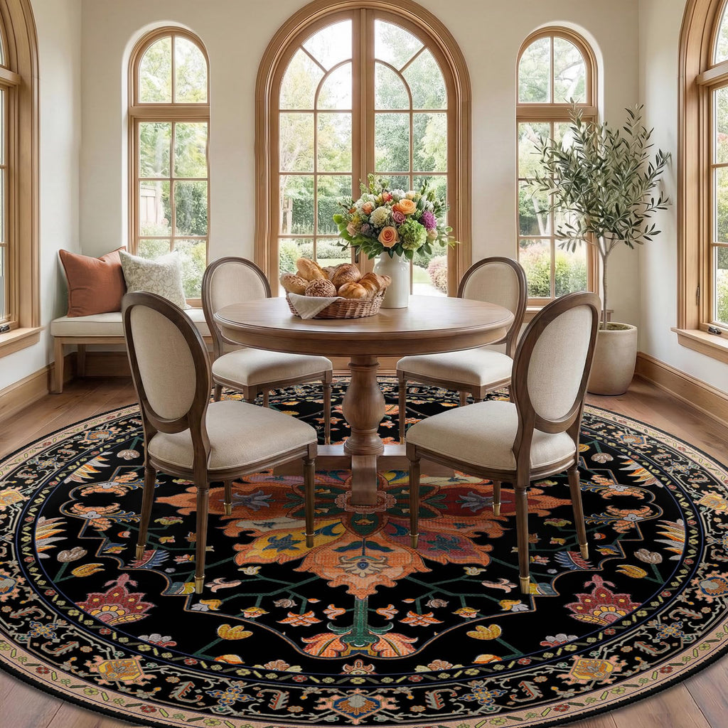 RELEANY Washable Area Rug, Round 8ft, Black/Colorful