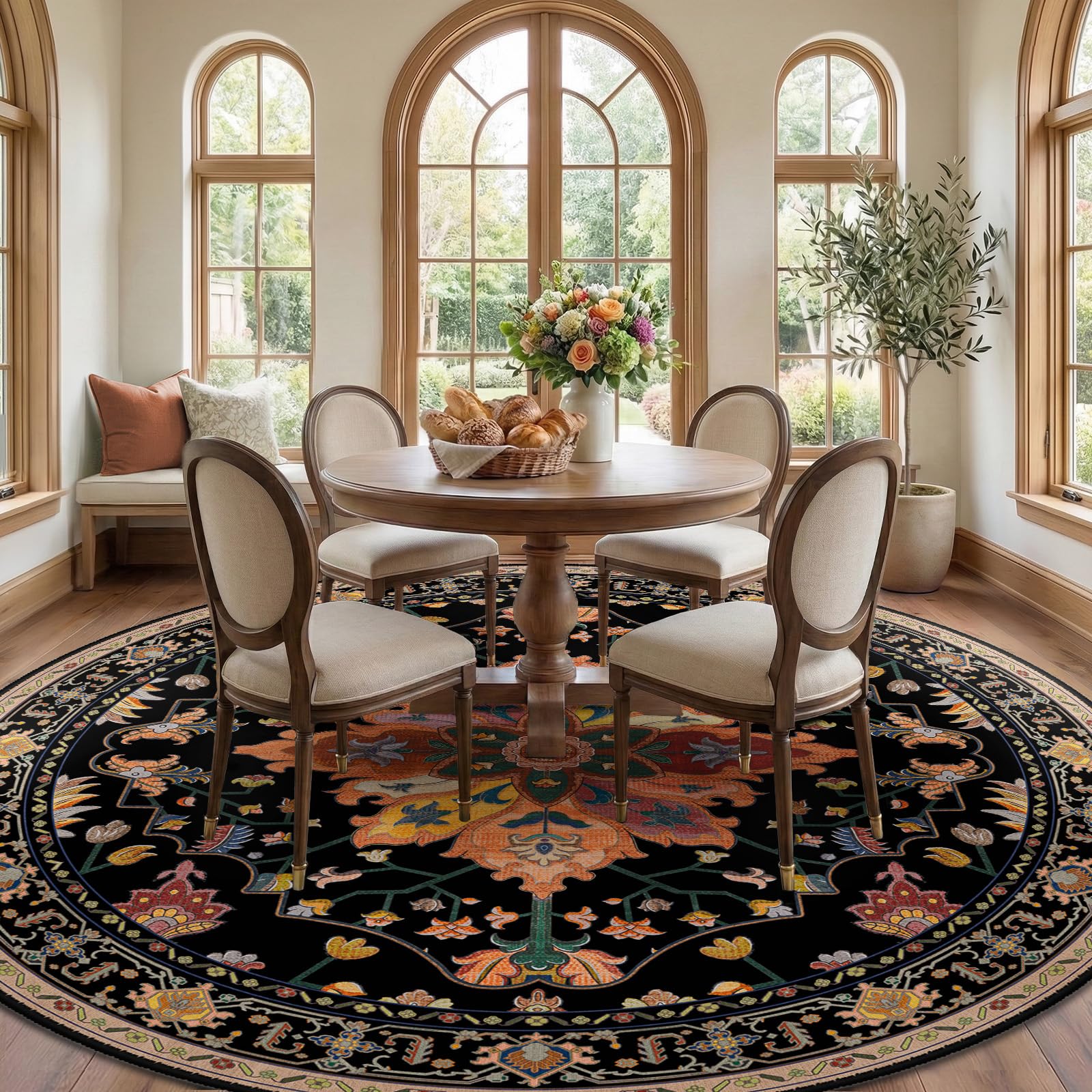 RELEANY Washable Area Rug, Round 8ft, Black/Colorful