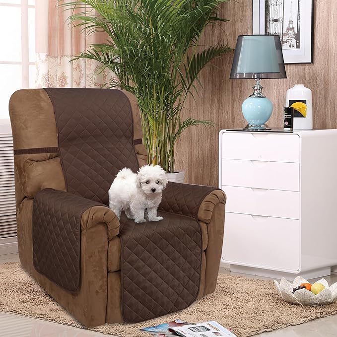 U-NICE HOME Recliner Chair Covers Reversible Quilted Water Repellent Pet Protectors with Elastic Straps (23''Recliner Small, Chocolate/Taupe)