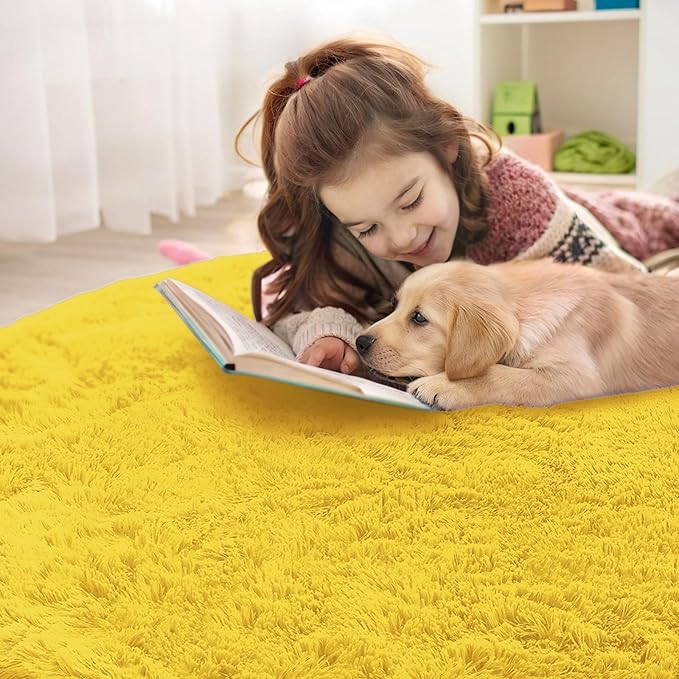 OLANLY Yellow Round Rugs for Bedroom - Machine Washable, 9 ft Circle Area Rugs for Living Room, Soft and Fluffy Shaggy Carpet for Teen Girl and Boys, Nursery Rooms, Dorms, Home Decor Aesthetic