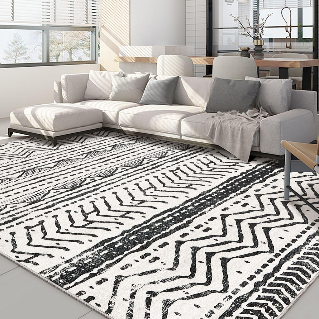 Nakagishi Area Rug Living Room Rugs: 6X9 Machine Washable Boho Large Neutral Farmhouse Stain Resistant Moroccan Indoor Floor Carpet for Bedroom Nursery Dorm Dining Room Home-Ivory Black