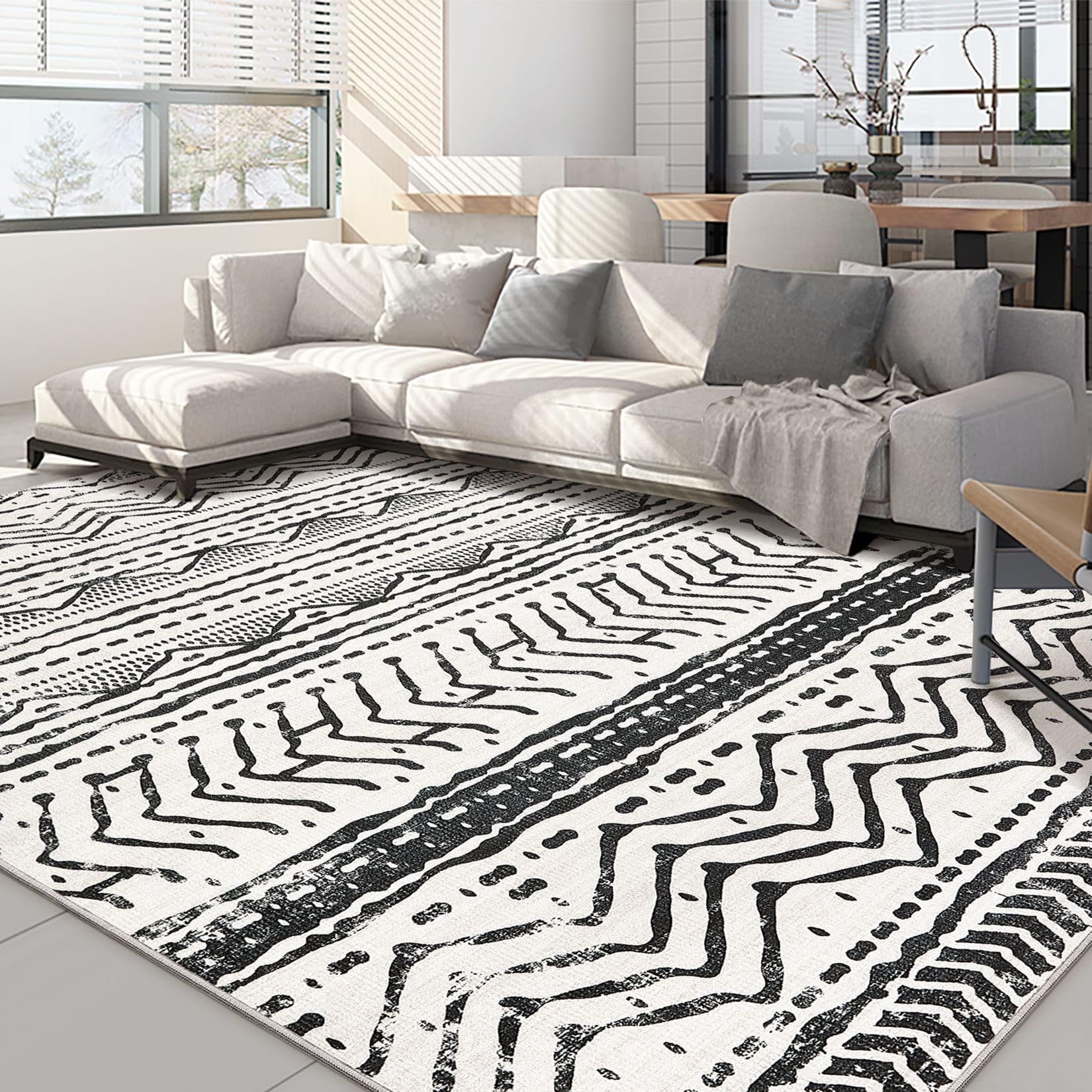 Nakagishi Area Rug Living Room Rugs: 6X9 Machine Washable Boho Large Neutral Farmhouse Stain Resistant Moroccan Indoor Floor Carpet for Bedroom Nursery Dorm Dining Room Home-Ivory Black