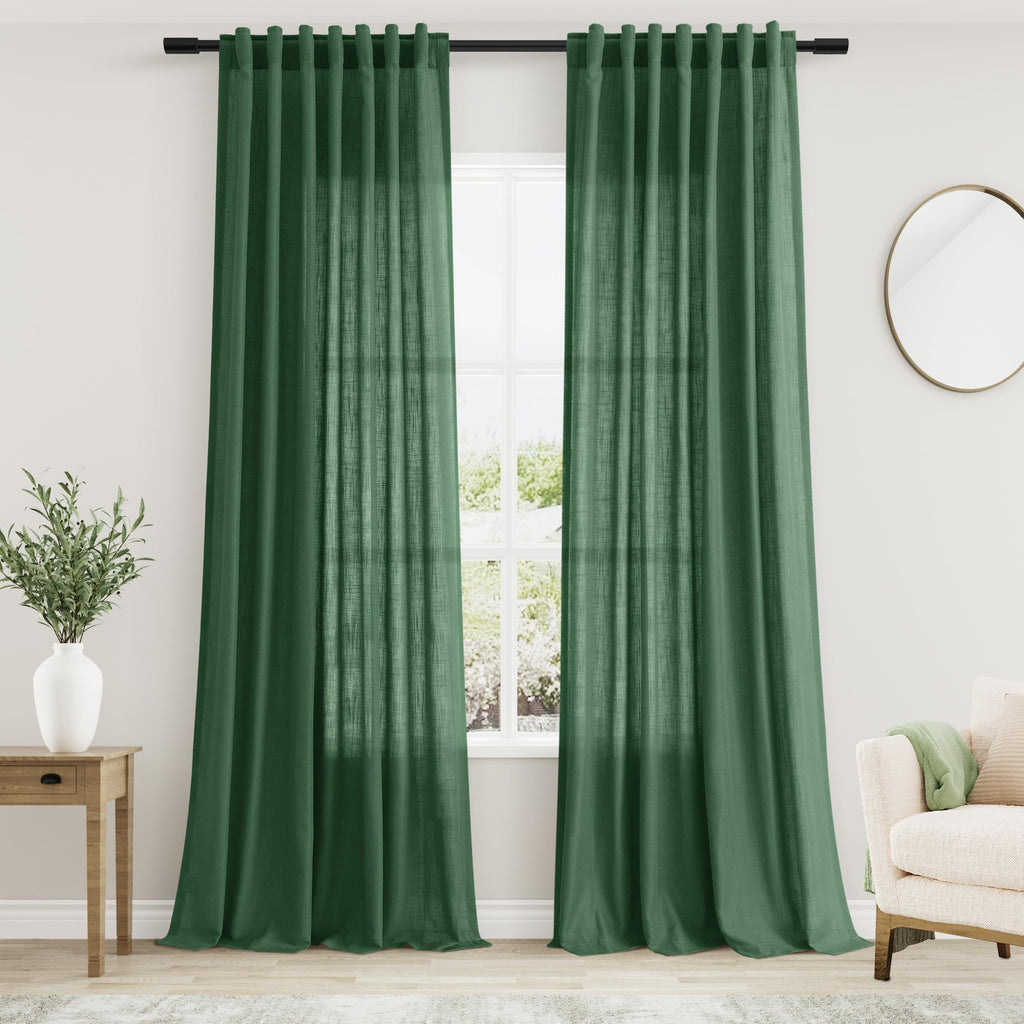 Green Semi Sheer Curtains 120 Inches Long 2 Panels Set Back Tab Loop Pocket Linen Blend Boho Large Window Curtain Extra Long Light Filtering Drapes High Ceiling Curtains for Living Room 52x120