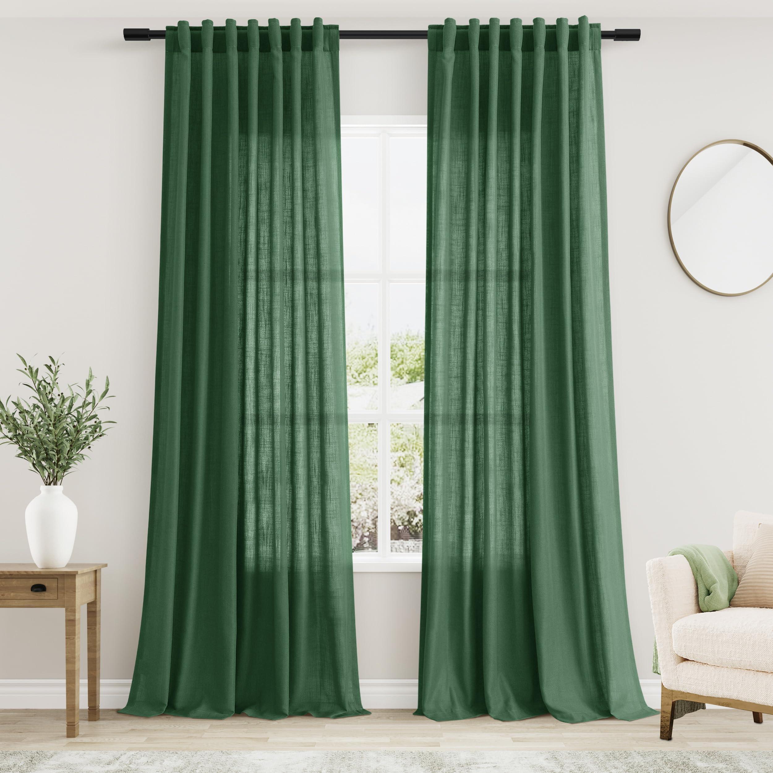 Green Semi Sheer Curtains 120 Inches Long 2 Panels Set Back Tab Loop Pocket Linen Blend Boho Large Window Curtain Extra Long Light Filtering Drapes High Ceiling Curtains for Living Room 52x120