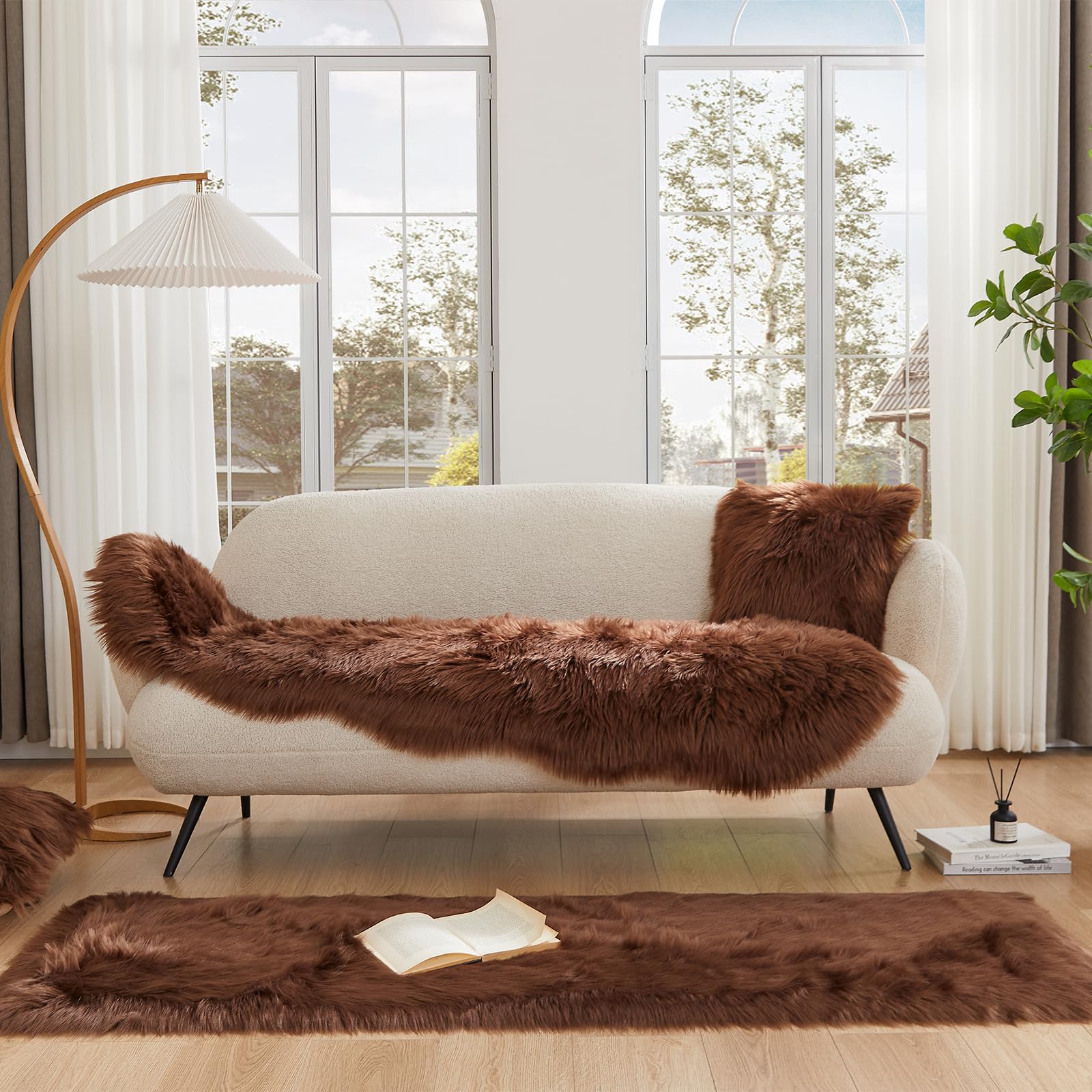 EasyJoy Ultra Soft Fluffy Rugs Faux Fur Rug Chair Cover Seat Pad Fuzzy Area Rug (2x6 ft Rectangle, Coffee)