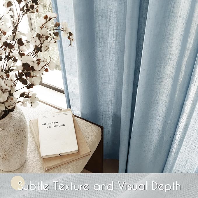 Dusty Blue Linen Curtains for Living Room Back Tab Light Filtering Semi Sheer Light Blue Bedroom Curtain Linen Cotton Textured Grey Blue Drapery Panel Airy Modern Farmhouse Aesthetic Decor 52x108 Long