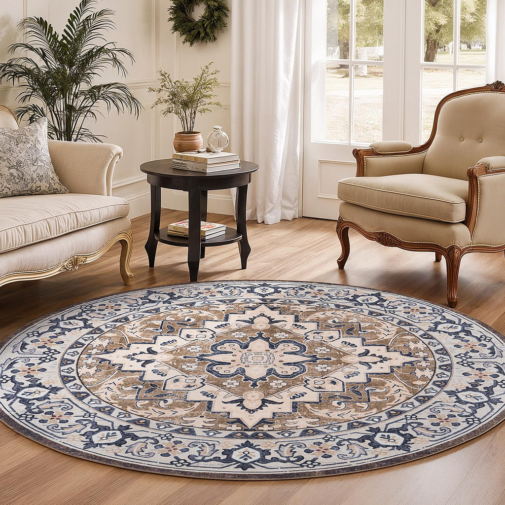 Lofus 4ft Round Area Rugs for Living Room, Vintage Boho Carpet Floral Brown