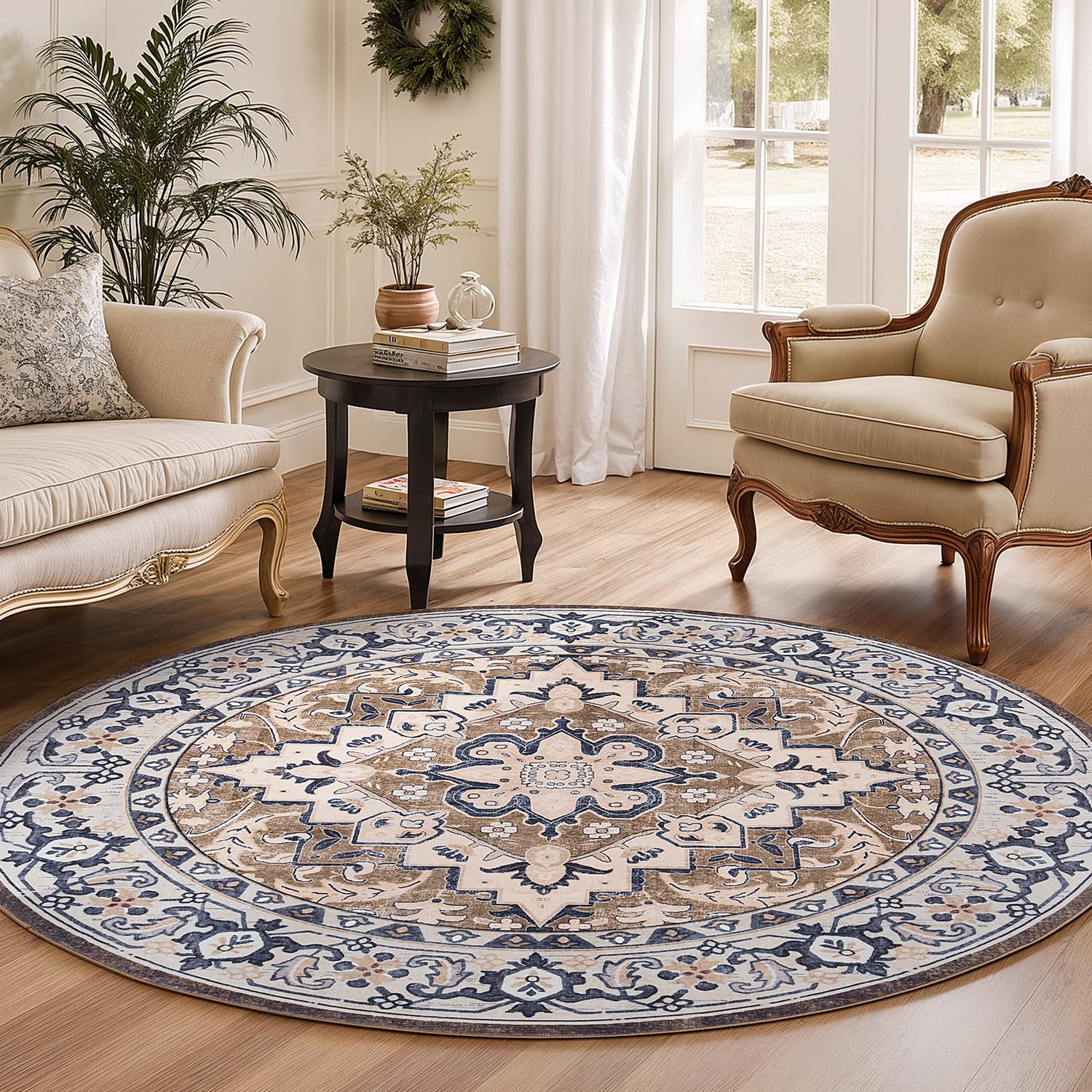 Lofus 4ft Round Area Rugs for Living Room, Vintage Boho Carpet Floral Brown