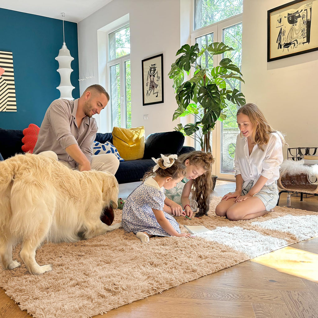 OLANLY Area Rugs for Living Room Bedroom, Machine Washable 4x5.9 ft Soft Fluffy Shaggy Bedside Rug, Indoor Floor Carpet for Kids Girls and Boys, Dorms, Nursery Rooms, Home Decor Aesthetic, Beige