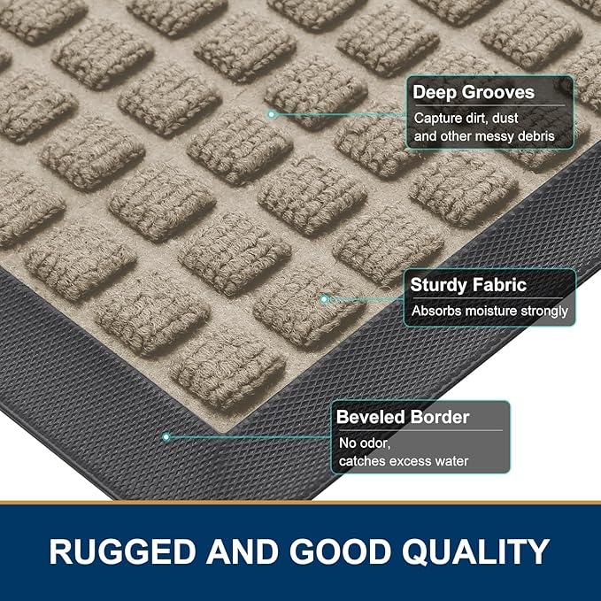 Smiry Front Door Mat Outside Entrance, Heavy Duty Natural Rubber Doormat, Non Slip, Trap Dirt and Moisture, Easy Clean, Low Profile Welcome Floor Mats for Indoor Outdoor Entry, 47x23 Inch, Beige