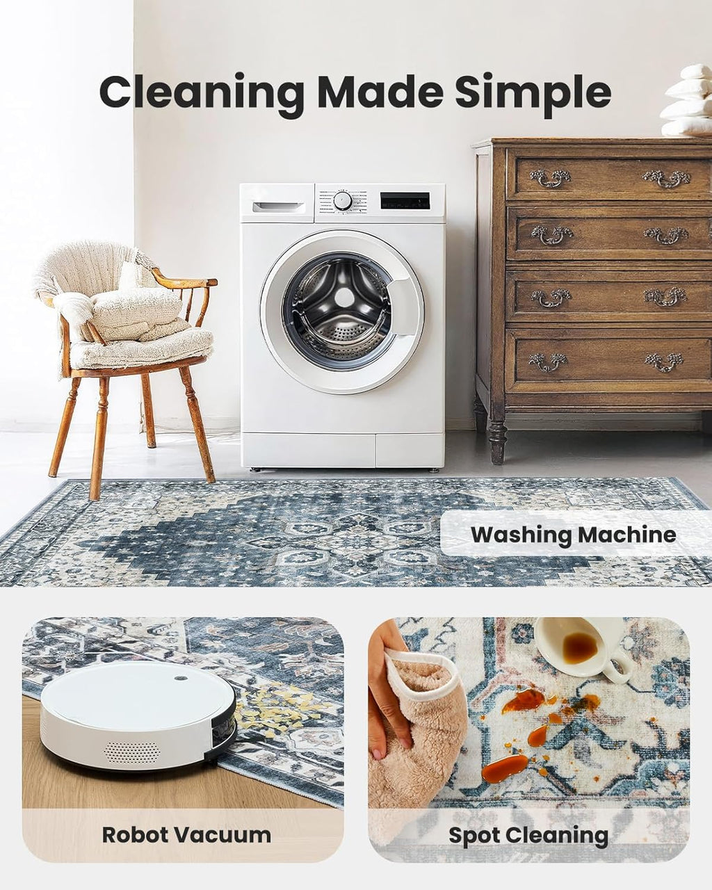 AMADA HOMEFURNISHING 3x5 Washable Area Rug, Low-Profile Entryway Rug with Non-Slip Backing & Durable Edge Binding, Vintage Rugs for Bedroom, Entryway & Kitchen