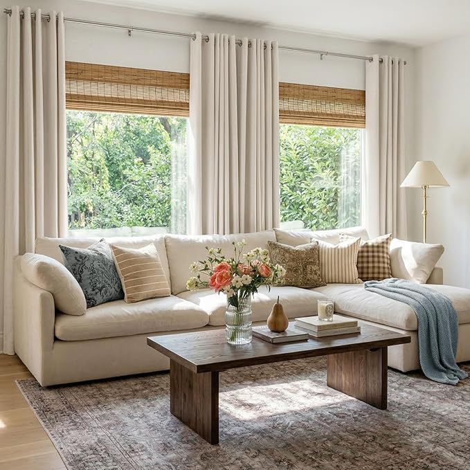 Linen Textured Total Blackout Curtains 96 Inches Long, Beige