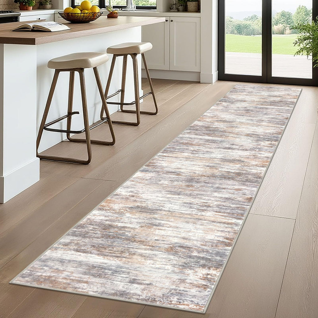 KOZYFLY Modern Abstract Runners for Hallways 2x10 Washable Rug Runner Non-Slip Soft Striped Kitchen Runner Rug, Multi Grey/Orange Print Carpet for Entryway Bathroom