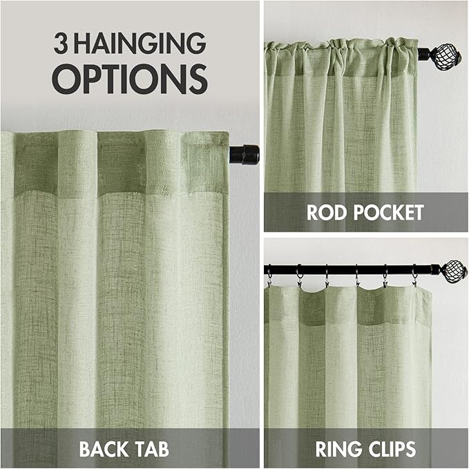 MIULEE Sage Green Linen Curtains 100 Inch Length 2 Panels for Bedroom Living Room, Soft Thick Linen Textured Window Drapes Semi Sheer Light Filtering Back Tab Rod Pocket Burlap Look Decor