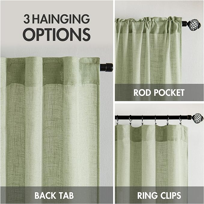 MIULEE Sage Green Linen Curtains 54 Inch Length 2 Panels for Bedroom Living Room, Soft Thick Linen Textured Short Window Drapes Semi Sheer Light Filtering Back Tab Rod Pocket Burlap Look Decor
