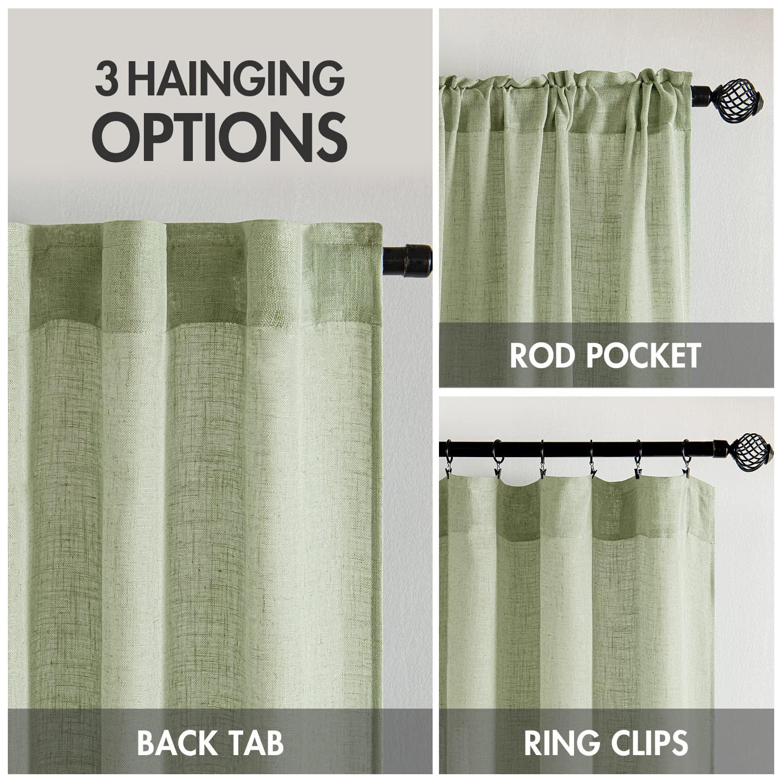 MIULEE Sage Green Linen Curtains 52x72 Inch Length for Bedroom Living Room