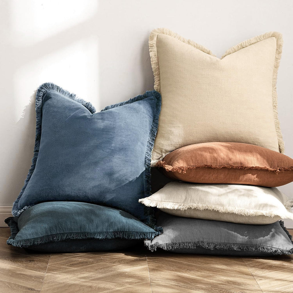 MIULEE Linen Fringe Decorative Euro Throw Pillow Covers Blue Ashes 22x22