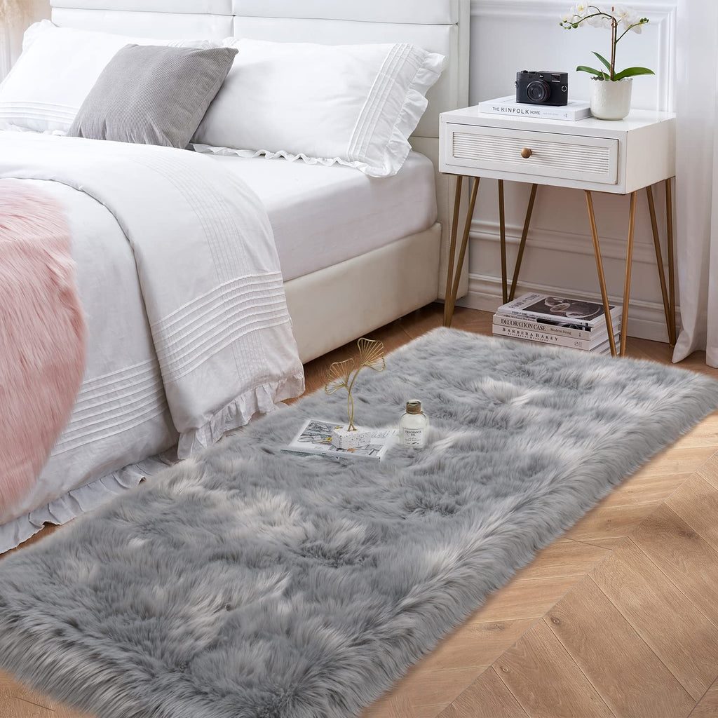 Tangsoo 2x6 Grey Fluffy Faux Fur Runner Rug,Soft Sofa Couch Cover Cushion