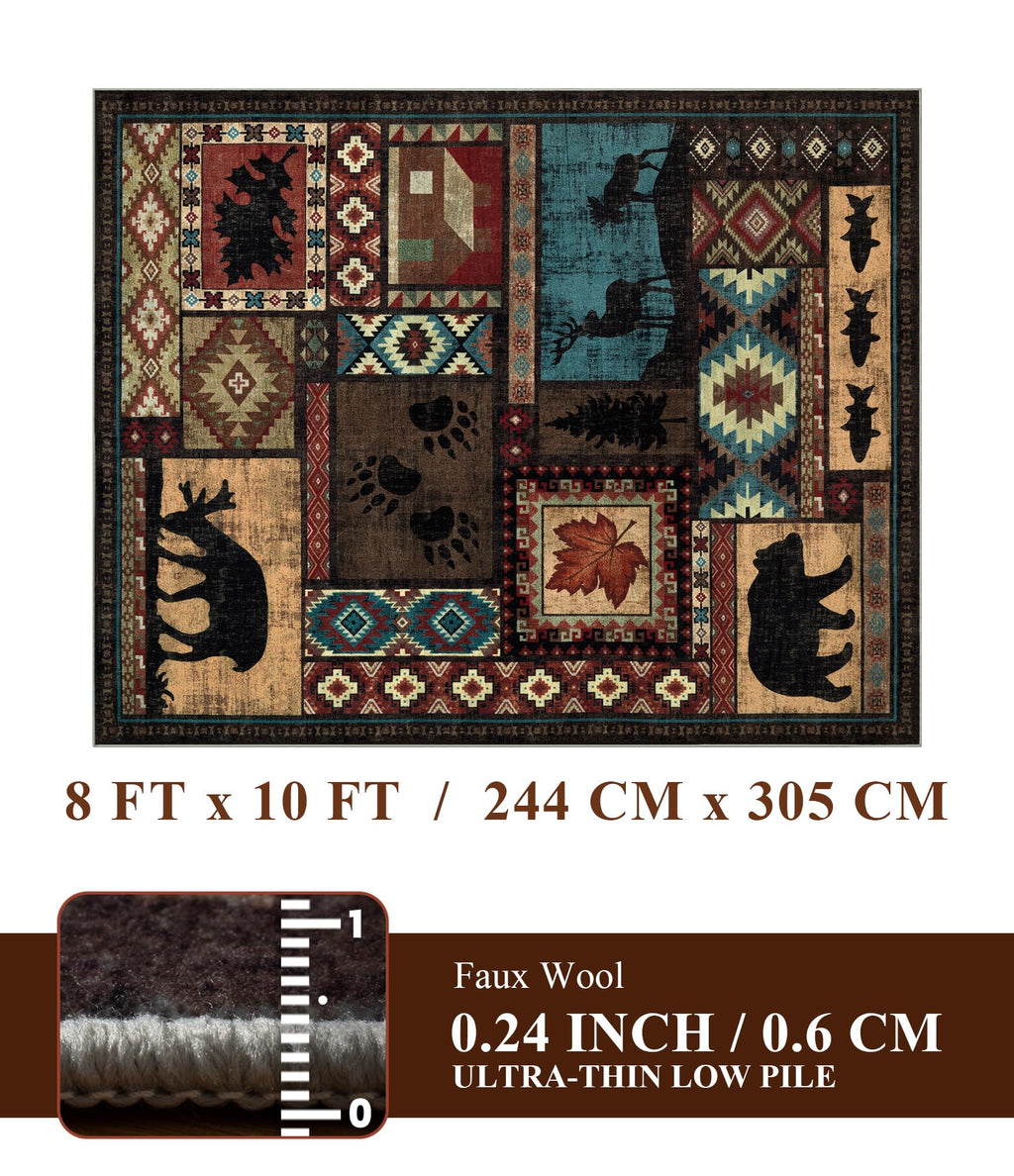 YIHOUSE Rustic Cabin Area Rug 8x10,Machine Washable Lodge Bear Rug,Non-Slip Low Pile Print Pattern Southwestern Rug for Living Room Bedroom