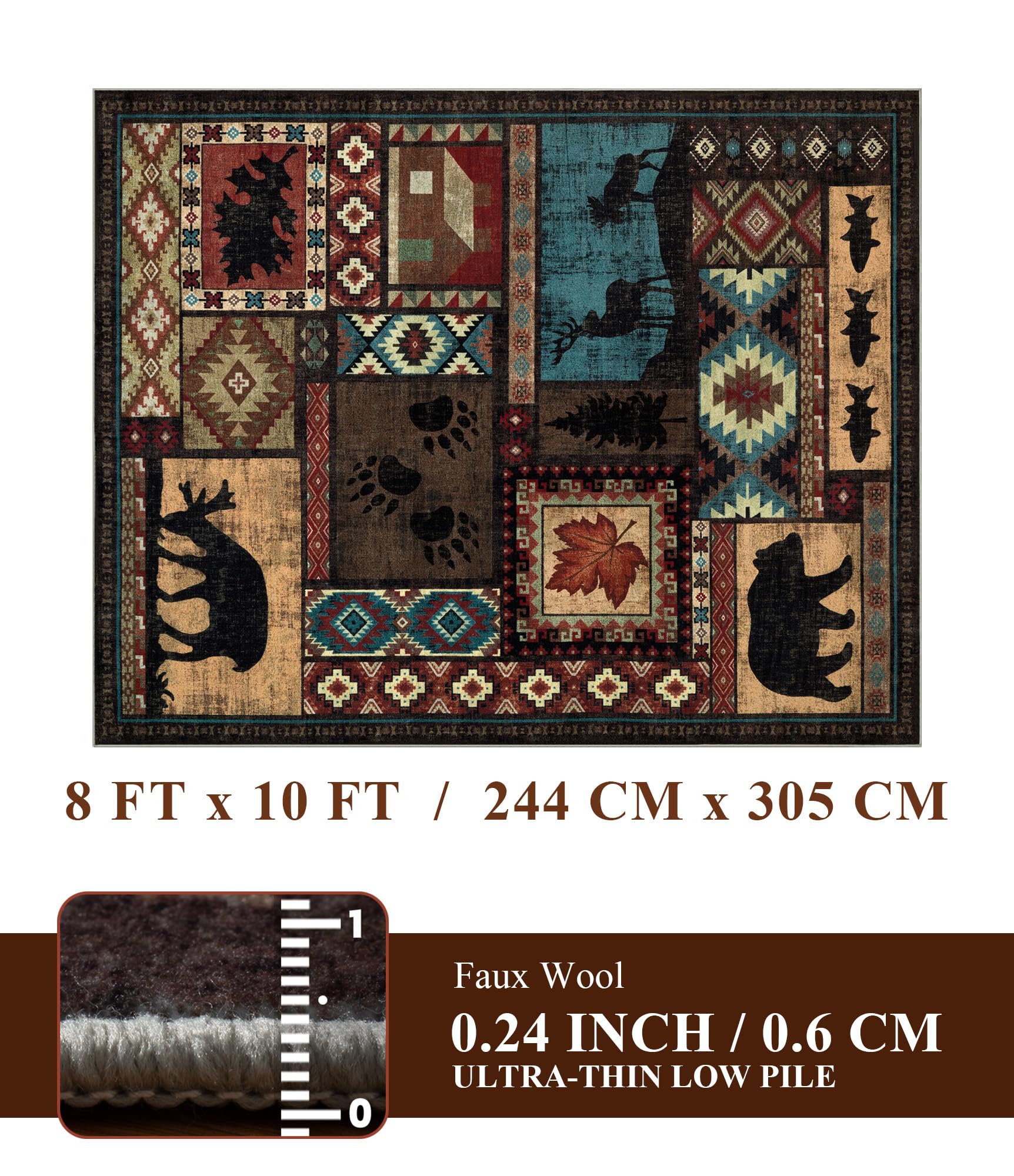 YIHOUSE Rustic Cabin Area Rug 8x10,Machine Washable Lodge Bear Rug,Non-Slip Low Pile Print Pattern Southwestern Rug for Living Room Bedroom