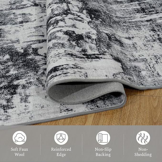 Rugflix 4x6 Area Rugs for Living Room, Washable Large Rug Stain-Resistant Low Pile, Modern Dark Carpet for Dining Room Home Office Kid Room Nursery Bedroom, Black Grey