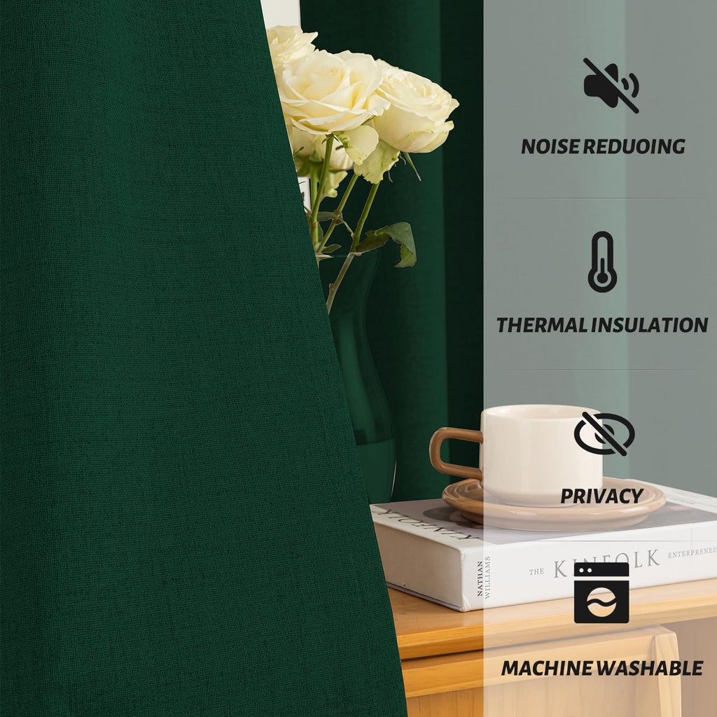 Yakamok Dark Green Linen Textured Curtains 84 Inches Long for Living Room