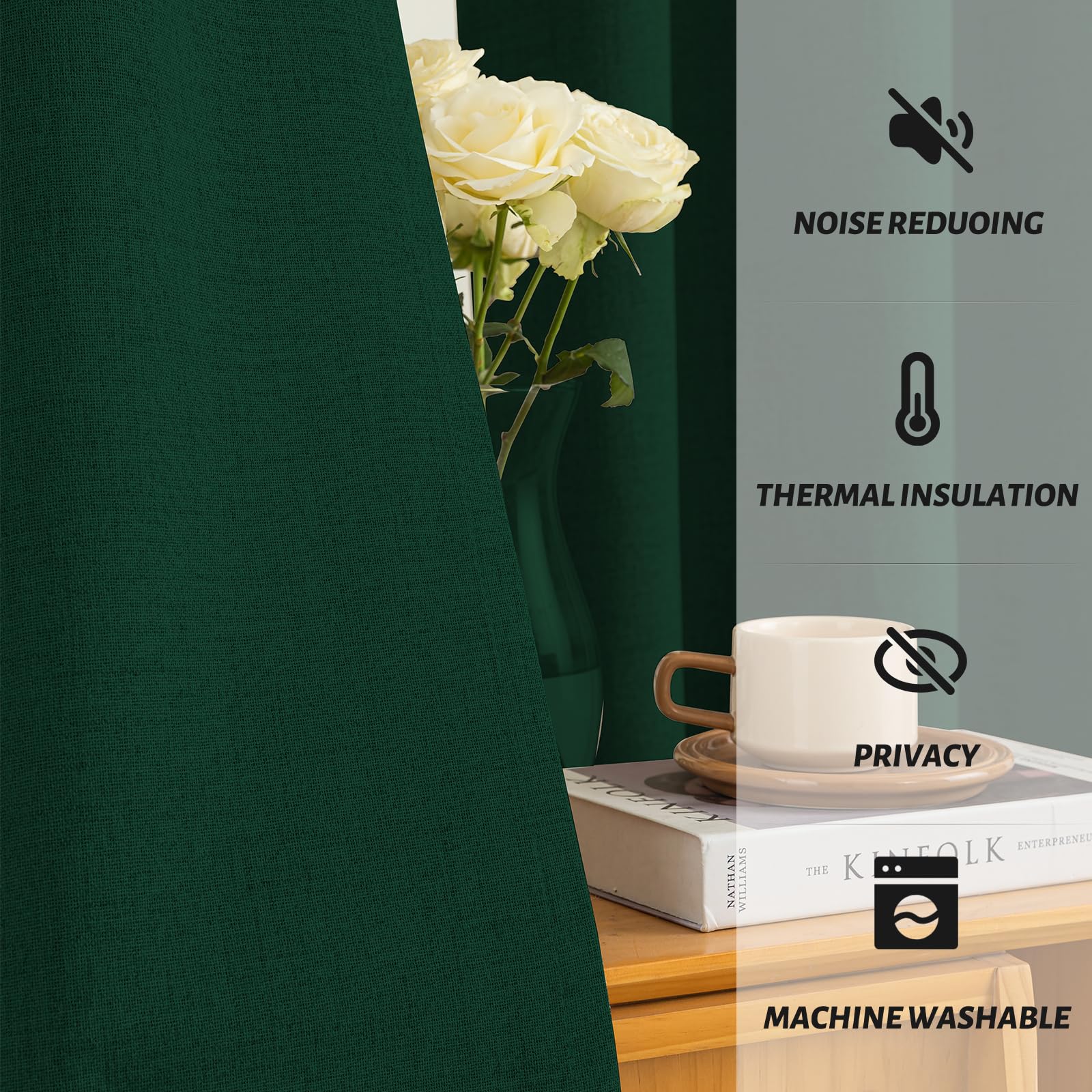 Yakamok Dark Green Linen Textured Curtains 84 Inches Long for Living Room