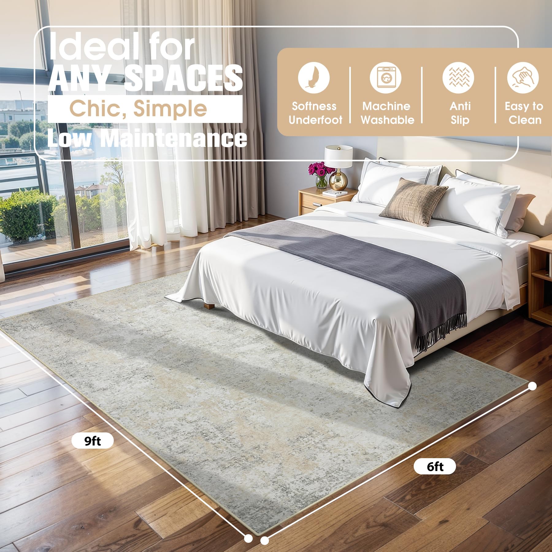 6x9 Area Rugs for Living Room Washable Bedroom Dining Room Beige Grey