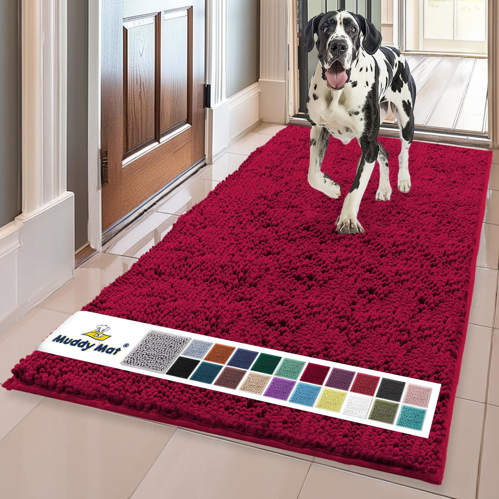 Muddy Mat® | Super Water Absorbent Door Mat Indoor, Microfiber Quick Dry Chenille Entryway Rug, Slip Resistant Front Door Mat, Indoor Mats for Entryway, Machine Washable Pet Rug, Maroon 24" x 72"