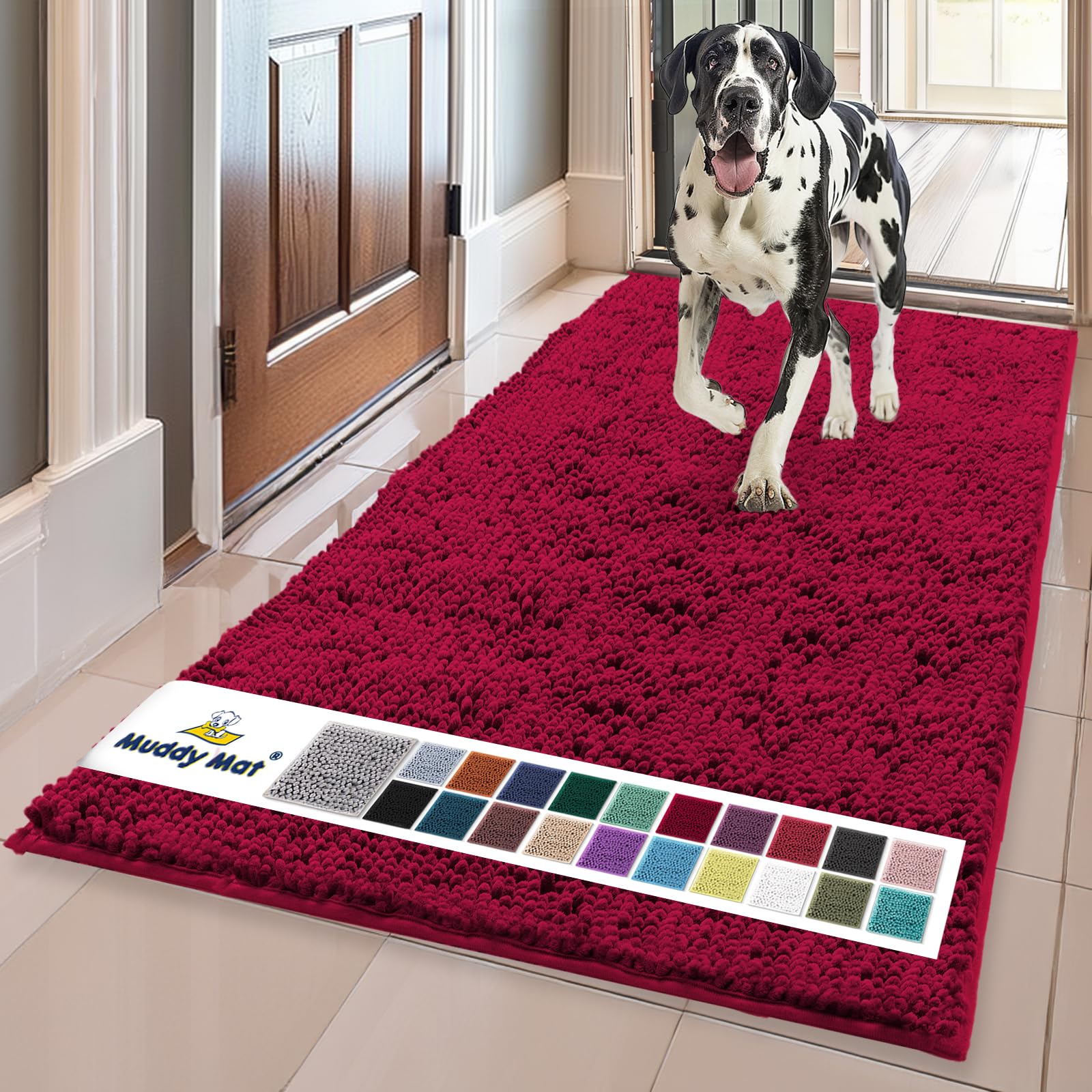 Muddy Mat® | Super Water Absorbent Door Mat Indoor, Microfiber Quick Dry Chenille Entryway Rug, Slip Resistant Front Door Mat, Indoor Mats for Entryway, Machine Washable Pet Rug, Maroon 24" x 72"