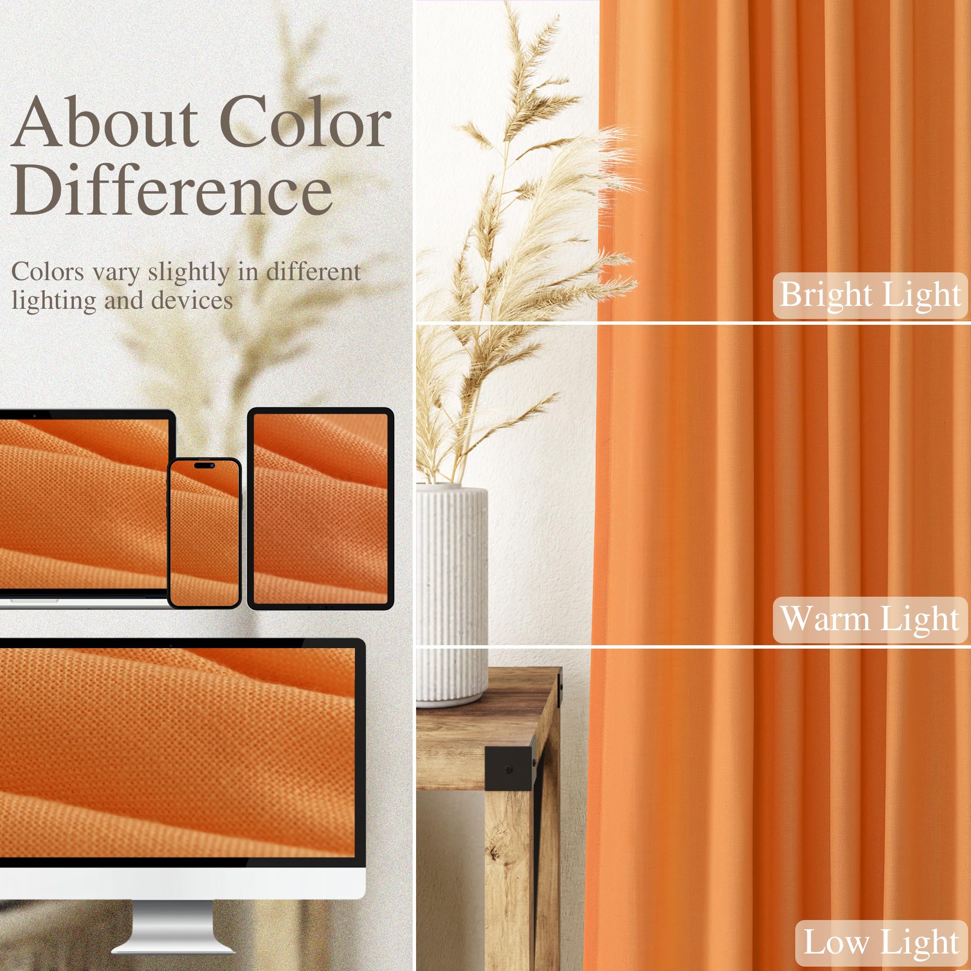 Nanspring Orange Linen Curtains for Bedroom Back Tab Light Filtering Privacy Sheer Curtains Modern Farmhouse Decor Linen Blend Textured Gauze Curtain for Living Room 2 Panels Set 52x72