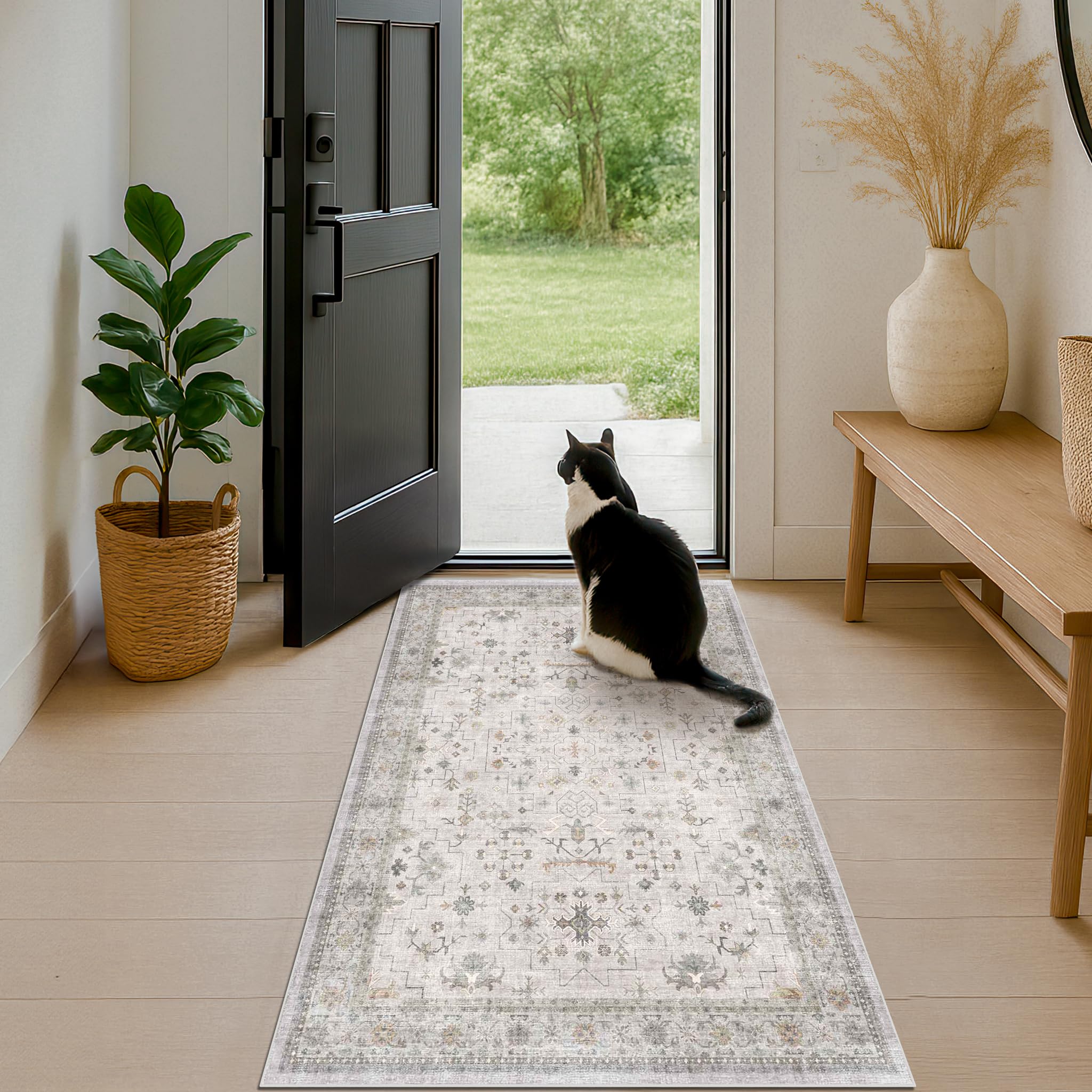 Washable 3x5 Large Bathroom Rug - Neutral Boho Geometric Area Rugs for Entryway, Kitchen, Bedroom Beside Bed, Laundry, Modern Vintage Eclectic Light Gray & Sage Floral Decor, Low Pile & Non-Slip Stain